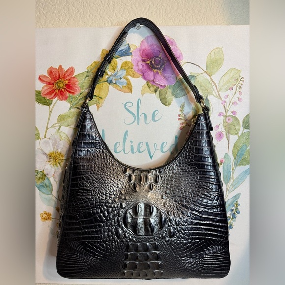 BRAHMIN Tabitha Black Crocodile-Embossed Hobo Bag with Glossy Finish - Picture 4 of 16